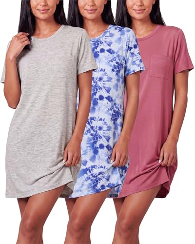 Image of Real Essentials 3 Pack: Women's Short Sleeve Nightgown Dress - Nightshirt Pajama Sleep Shirt Sleepwear (Available In Plus)