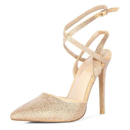 FOWT Women Pointed Toe Rhinestone Pumps Ankle Strap Studded Stiletto High Heels Sexy Backless Wedding Evening Party Shoes Size 4-16 US