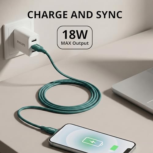 Image of PHILIPS DLC4160AT /94 18W Type-A to Type-C Fast Charging Cable (2m, Crystal Teal) | Nylon Braided | Compatible with iPhone 15+ Series, USB-C iPad Models, Samsung Galaxy & All Type C Devices