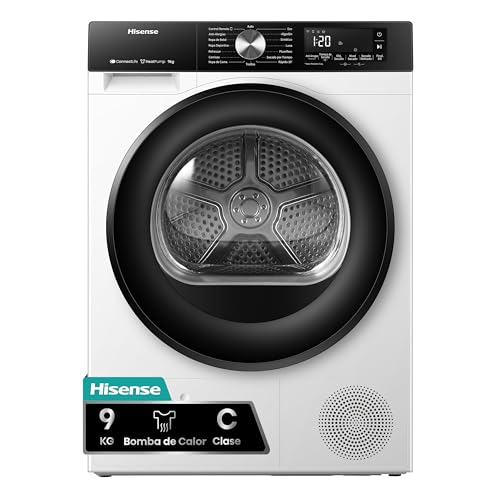 Hisense DH3S902BWCC   Secadora 9Kg, Clase C, Fondo 59cm, Secado Automático, Secado Rápido 30', Smart Pair, Antiarrugas, Bomba de Calor, Allergy Care, Blanco