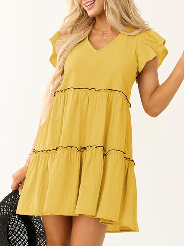 Image of Women's Summer Babydoll Mini Dress V Neck Tie Back Ruffle Sleeve Casual Tiered Loose Flowy Swing Tunic Shift Dress
