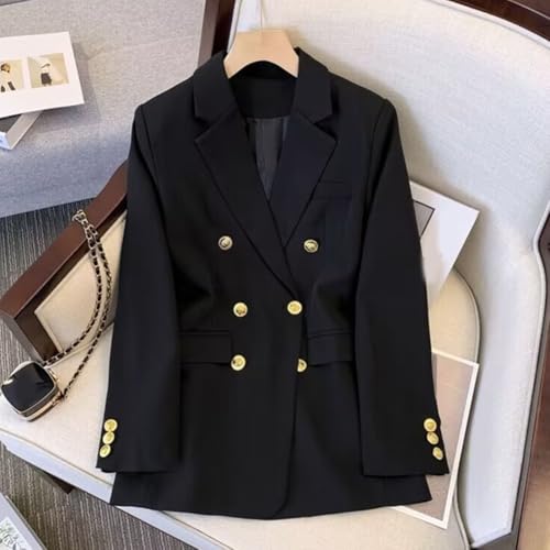 Blazers casuales sueltos para mujer con hebilla de metal, manga larga, elegantes chaquetas de traje para uso diario y vacaciones (XL negro)