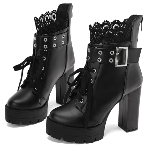 Image of MEOTINA Goth Platform Boots Combat Boots Chunky Heel Ankle Booties for Women Punk Buckle Gothic Boot with Zipper Lace Up Dress Shoes Black /White