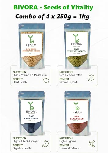 Image of BIVORA 4 Seed Combo 1kg (250g x 4) | Pumpkin Seeds, Sunflower, Flax & Sabja Basil | Raw Edible Mixed Seeds Pack for Salads, Smoothies & Recipes