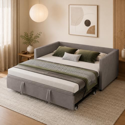 Canapé Lit Gigogne 90/180x200,Canapé Convertible 2 Places LIT Canapé Lit Gigogne avec Sommier à Lattes lits Gigogne Adulte Lit Extensible Lits Multifonctionnel en Tissu Velours (Gris, 180x200)