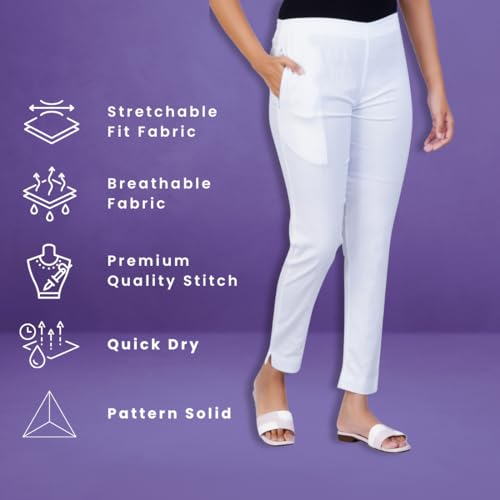 Image of Happy Bunny Cotton Blend Lycra Kurti Pants for Women, Soft 30% Stretch Full Length Trousers with Elastic Waist & Zip Pocket, Ideal for Office, Work, Casual, Home Wear Breathable Slim Fit