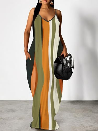 Image of Women's Summer Maxi Dress Spaghetti Strap Floral Boho Beach Long Sundress with Pockets