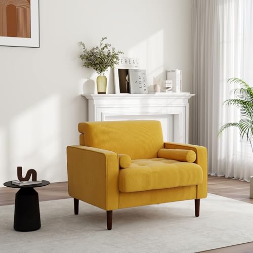 Image of Accent Chairs Set of 2, Corduroy Upholstered Armchair Modern Arm Chair for Living Room, Comfy Single Sofa Bedroom Side Reading Seat - Yellow