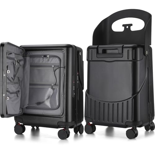 20 Inch Ride on Luggage with Seat for Kids Top Opening Aluminum Frame Suitcase with Spinner Wheels Locks for Travel(Black)