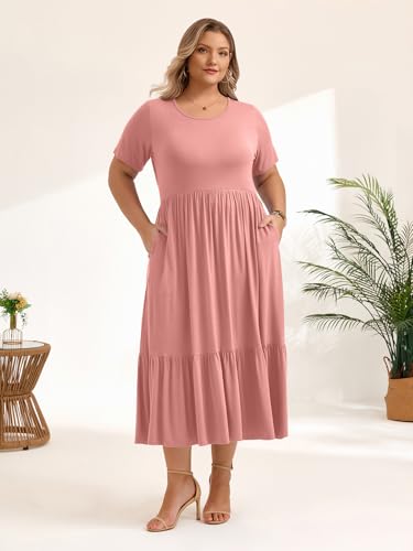 Image of LARACE Plus Size Dresses for Women Summer Casual Short Sleeve Long Dress Flowy Maxi Beach Dresses with Pockets L-6XL