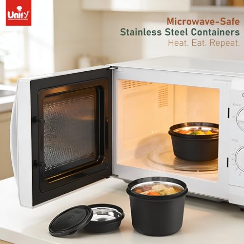Image of Unify 3 Pieces Stainless Steel Lunch Box | Microwave Safe Leak-Proof Food Storage Containers with Lids for Office, School, Kitchen (Black, Capacity - 600ml, 400ml, 250ml)