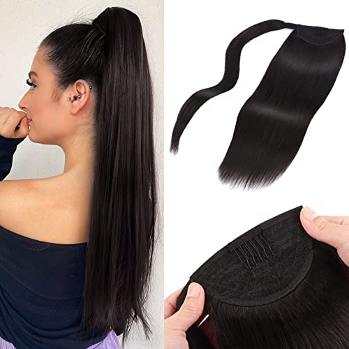 Vlasy Ponytail Extension Human Hair Black Brown Wrap Around Clip in Ponytail Hair Extensions Real Human Hair Long Straight Ponytail Hairpiece Easy Wearing 16 Inch