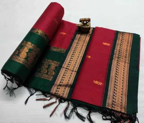 Image of ILAIYAAL CLOTHINGS Women's Kanjivaram Cotton Silk Saree South Indian Paithani Sari | gadwal cotton sarees with Zari Border and Blouse Piece - Suitable For All Indian Occasions and Festivals 191