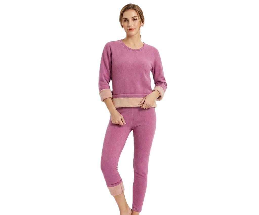 M Size Pink Women's Fleece Thermal Set (Top & Bottom), Round Neck -Full Sleeves, Soft Warm Winter Inner Set- 1 Set