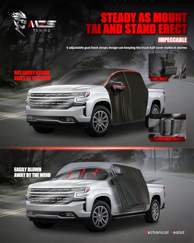 Image of MZS Cab Cover Compatible with Silverado Sierra 1500 Crew Cab 2015-2026, 600D Waterproof Truck Half Cover with Driver Door Zipper Antenna Hole, All Weather Rain Snow UV Protection Car Cab Covers