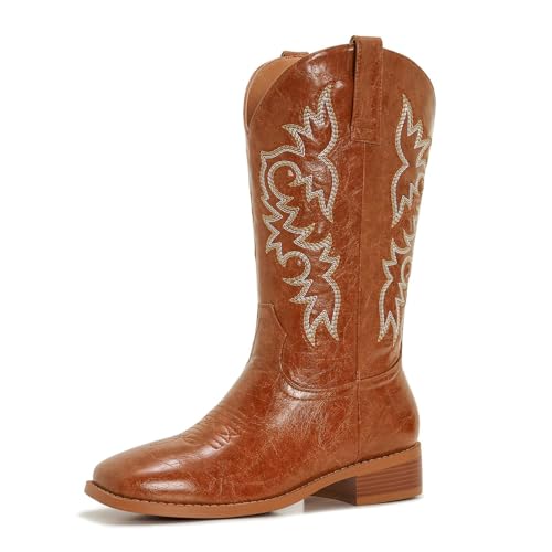 Image of Cowgirl Boots Square Toe Cowboy Boots For Women Ladies Mid Calf Low Heel Flat