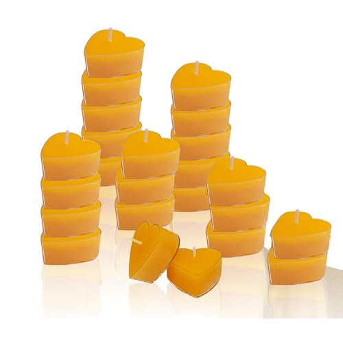 24pcs Heart-Shaped Tea Light Candles Natural Beeswax Tealight Candles Unscented Pure Beeswax Tea Lights 4 Hour Burn Time Smokeless Handmade Decorative Perfect for Spa Home Decor