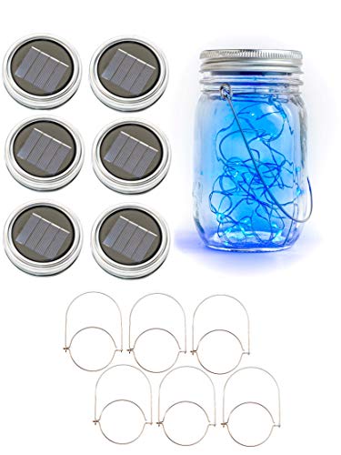 Kazul Blue Solar Mason Jar Lights, 6 Pack 20 LED, Mason Jar Solar Lids | Hanging Mason Jar Fairy Lights, Solar Power Jar Lights, Hanging Lanterns Decorative Outdoor, Jar Mini Lights, Jars Not Included