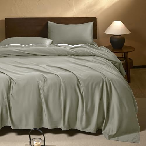 Image of EVERLY Queen Sheets Set Luxuriously 400 Thread Count Organic Rayon Derived from Bamboo Bed Sheet Set,Cooling Sheets for Queen Size 4 Piece Deep Pockets Bedding Sheets &Pillowcases-Light Grey