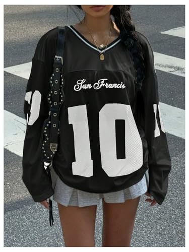 Verdusa Women's Jersey Shirt Long Sleeve Y2K Oversized V Neck Mesh Sport Graphic Tee Tops4