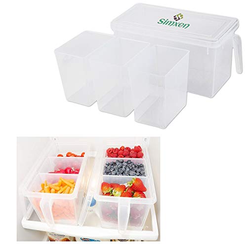 Image of Square Handle Refrigerator Food Storage Organizer ABS Plastic Container with Lid 3 Smaller Bins, 1 Piece, Transparent