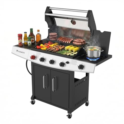 Image of Gas Grill 5-Burner Outdoor Propane Grill Gas BBQ Grill Barbecue Grills | 645 Sq.in, Searing Burner, Side Burner, Glass Window, Porcelain-Enameled Grates, Stainless Steel Outdoor BBQ Grill Cooking