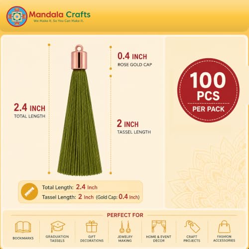 Image of Mandala Crafts Rose Gold Tone Cap Olive Green Bookmark Tassels with Loops