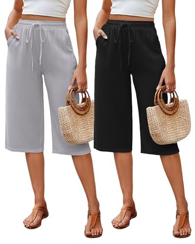Neer 2 Pack Women's Linen Capris, Summer Drawstring Wide Leg Pants Casual High Waisted Palazzo Trousers with Pockets(Black, Light Grey,X-Large)