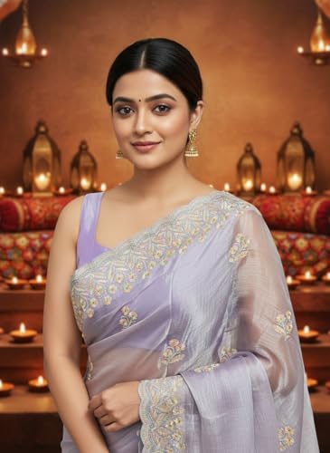 Image of Glory Sarees Women's Organza Chiffon Embroidery Work Scallop Border Saree With Blouse Piece (Chiffon101 Parent)