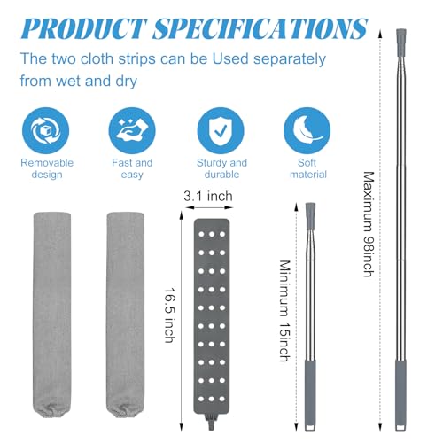 Image of Retractable Gap Dust Cleaner with 15-98 Inch Extension Pole, Flat Duster for Under Appliances and Furniture, Includes 2 Washable Microfiber Pads for High Ceilings and Hard to Reach Spaces