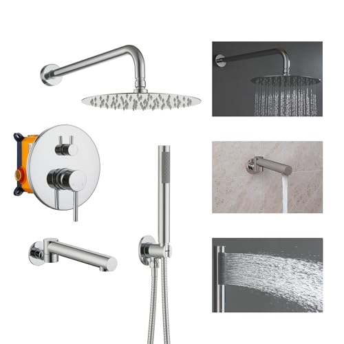 Juego de grifería para ducha Clihome de 10 pulgadas con conjunto completo que incluye ducha fija cuadrada, ducha de mano, cuerpo de válvula y kit de acabado en cromo miniatura 1