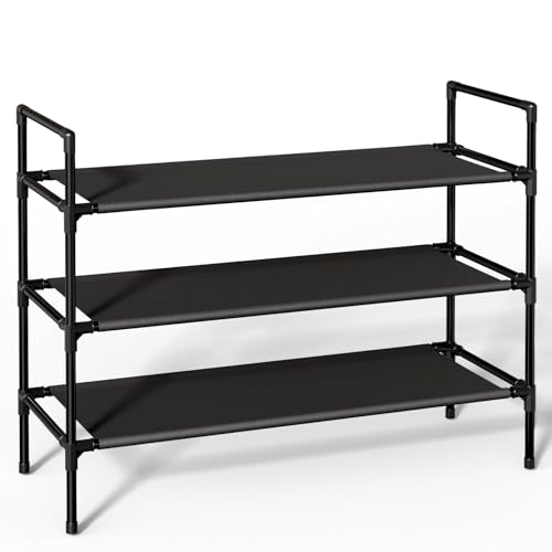 Shoe Rack with Non-Woven Fabric – X-Large Shoe Organizer, 3-Tier Shoe Storage Rack, Sturdy Shoe Rack for Closet, Garage & Corridor, Stackable Shoe Rack for Entryway, Black