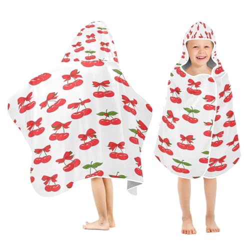 Kigai Cherries Bows White Kids Hooded Towel, 24x50 in Bath/Pool/Beach Soft Absorbent Hooded Towel Wrap for Toddler Kids