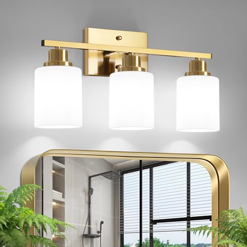 Image of Ascher Bathroom Light Fixtures, 3-Light Vanity Light Over Mirror, Gold Wall Sconces with Milky White Frosted Glass Shades, Wall Lamp for Living Room Bedroom, E26 Base(Bulbs Not Included)