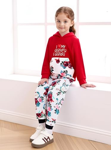 Image of 2PC Girls Clothes Girl letter and Floral print Hooded Set, letter print Top +Floral print Pants Set