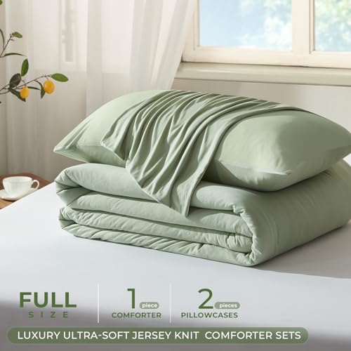 Image of Full Size Comforter Set, Comforters Full Size Luxury Ultra-Soft Jersey Knit Bedding Sets, Sage Green Lightweight Down Alternative Bed Comforter for All Season, 3 Piece Bedding Set