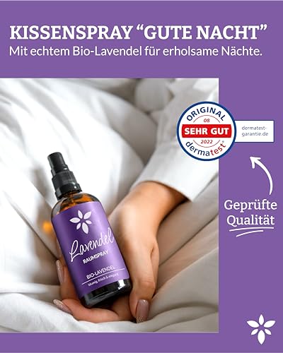 Heldengrün® Lavendelspray 'Gute Nacht' [BIO-LAVENDELÖL] Dermatologisch getestet - Lavendelspray für Kopfkissen - Blumig & frisch - Lavendel Kissenspray & Raumspray