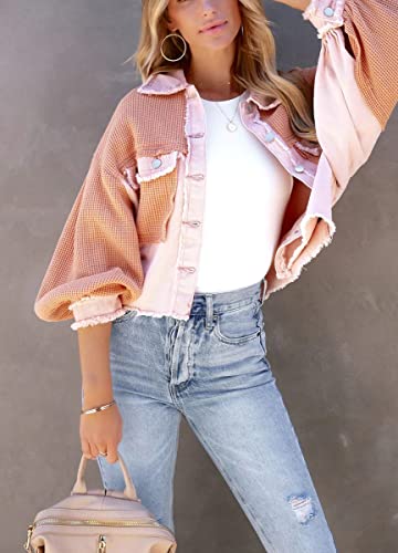 chouyatou Women's Cropped Waffle Knit Jacket Boyfriend Button Down Shirt Shacket Tops3