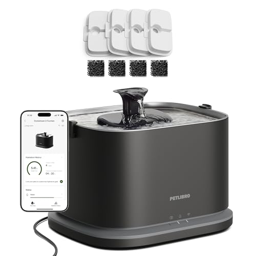 Image of PETLIBRO Upgrade Cat Water Fountain + 4 Packs Genuine Cat Fountain Filter Replacement, Dockstream 2 Smart App Monitoring 5G WiFi Auto Cat Fountain Stainless Steel Tray for Drinking, 3L /101oz