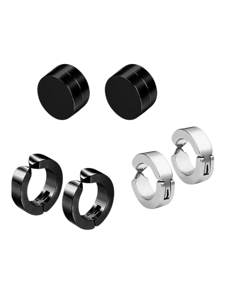T TRENDY MART Magnetic Stud Earrings Set for Men, 3 Pairs Black and Silver Non-Piercing Clip-On Style Huggie Hoop Earrings