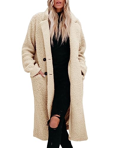Image of Perbai Womens Winter Long Fleece Jacket Lapel Double Breasted Sherpa Teddy Bear Peacoat with Pockets(Beige-S)