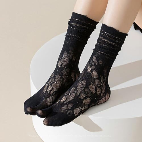 Image of Triplewood 2 Pairs Lace Tabi Socks for Women Split Toe Flip Flop Socks, Y2K Calf Sock Mid Calf Toe Sock