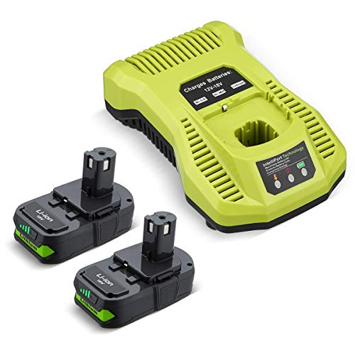 Powerextra 2Pack 18V Replacement Battery & Charger Compatible for Ryobi 18v Lithium Battery 18V ONE + P108 P107 P104 P105 P102 P103 Tools Charger with 260051002 P117 P118 P113 BCL1418