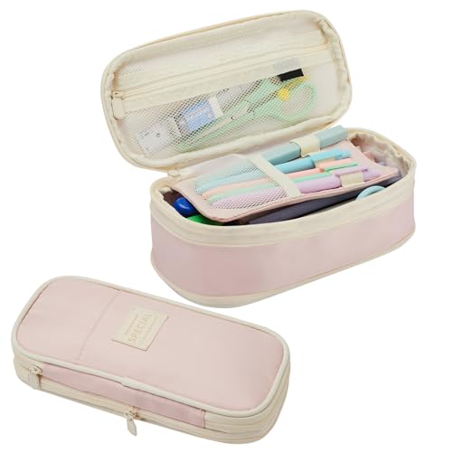 Image of Sonuimy Large Capacity Pencil Case Pouch, Cute Aesthetic Big Capacity Zipper Pencil Cases Pen Portable Office Stationery Makeup Bag, Desk Organizer for College Adults Women Men- Pink