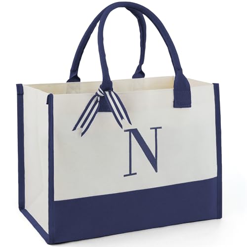 Image of BeeGreen Embroidery Monogram Canvas Tote Bag Initial Personalized Gifts Bags for Birthday Beach Work Wedding Gift Basket for Women Teacher Mom Friend Coworkers Sister Nurse Cute Totes Navy (Letter N)