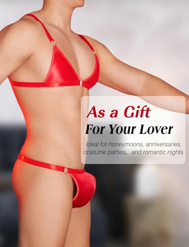 Adigau Transparent Herren Sissy Dessous Set Vorne Offener BH mit G String 2PC Erotik Unterwäsche Gay Schlafanzug Männer Reizwäsche Rot M