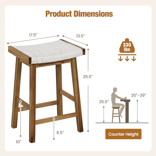 Conjunto de 4 butacos de taburete con asiento tejido de algas marinas, altura de barra de 25,5 pulgadas, estructura de madera de caucho y acacia, reposapiés, para isla de cocina y comedor, color natural miniatura 3