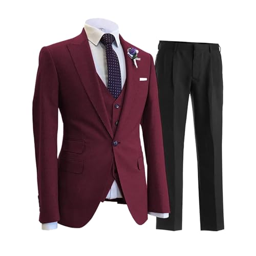 Men 3 Pieces Jacket Pant VestOne Button Tuxedo Lapel Formal Business Suit Burgundy