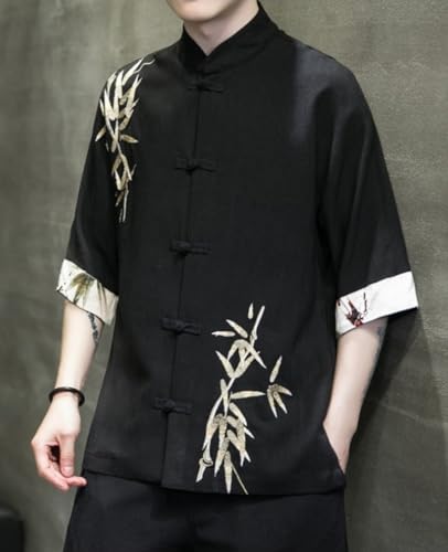 Men's Linen Cotton Traditional Chinese Tang Suit Shirt, Vintage Elbow Sleeve Frog Buttons Lightweight Jacket2