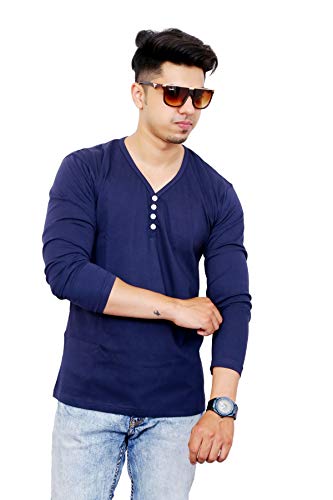 Image of Men's Cotton Full Sleeves V-Neck Casual T-Shirt (Blue)